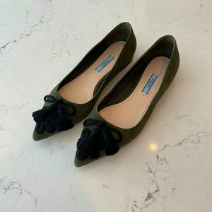 Prada Forest Green Velvet Flat Shoes